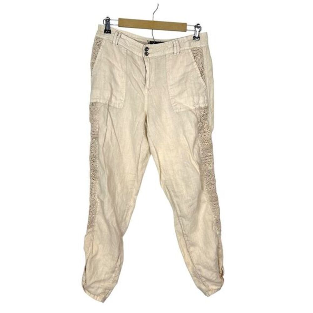 Tru Luxe Jeans Linen Pants Womens 29 Cream Lace crochet beige Embroidered Boho